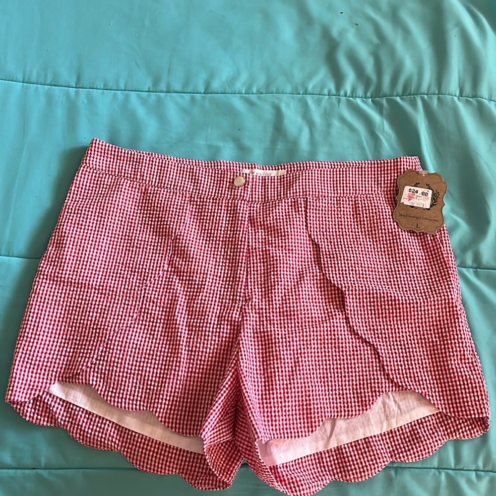 Peach Love, red and white gingham shorts with scalloped edges.